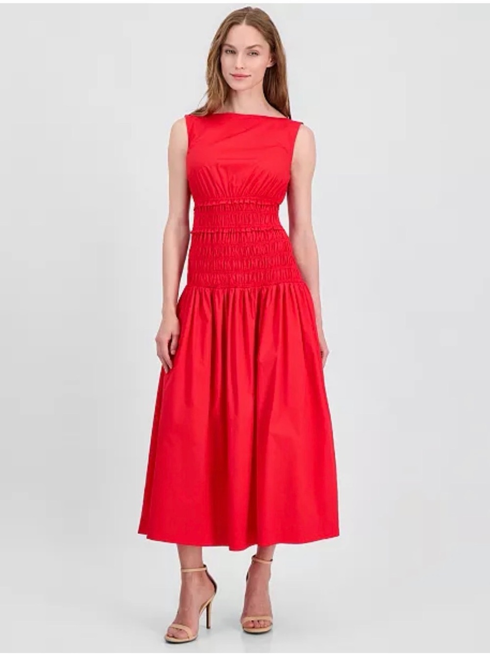 NWT ANNE KLEIN Petite Jewel-Neck Smocked Midi Dress